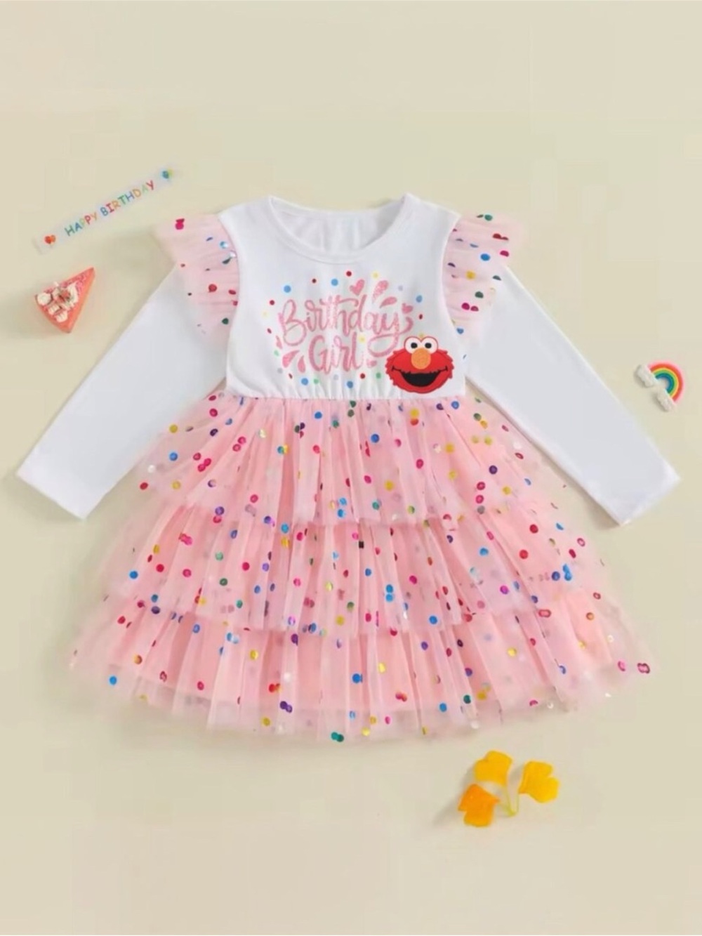 Girls' Sesame Street Pink 'Birthday Girl' Tulle Party Dress with Long Sleeves